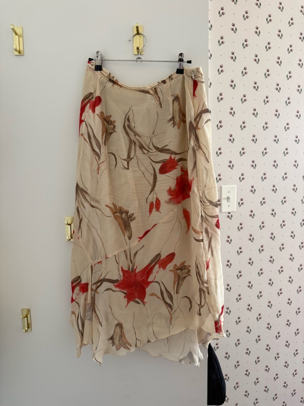 Vintage Beige Asymmetrical Skirt with Red Floral Print